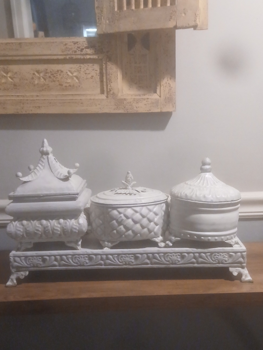 Decorative White Ceramic Lidded Trinket Boxes on Ornate Tray